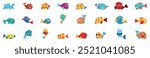 Fish character emotions icons set. This vector illustration set features a collection of adorable cartoon fish with a wide range of emotions, perfect for adding a touch of personality and fun 