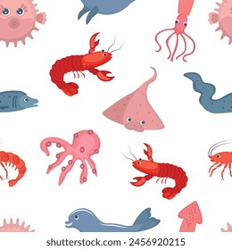 Fish characters pattern, on the theme of sea, travel, sushi food. Shrimp, squid, octopus, eel fish, dolphin, stingray, crayfish, crab, sea bladder fish. Vector illustration on a white background.