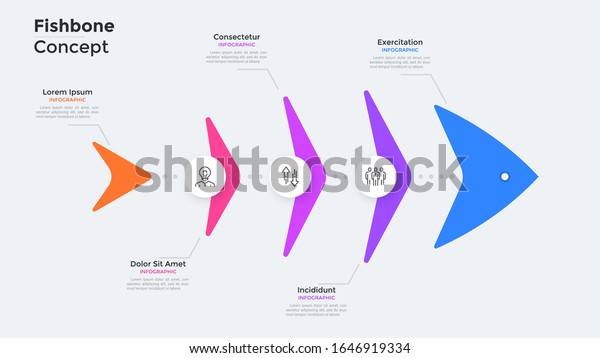 Fish chart divided into 5 parts or bones.\
Concept of five steps of fishery industry development. Creative\
infographic design template. Flat vector illustration for business\
process visualization.