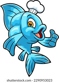 Fish Chef Cartoon Character Showing Thumbs Up. Vector Hand Drawn Illustration Isolated On Transparent Background