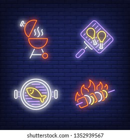 Fish and chicken drumsticks on grill, kebab neon signs set. Grill, barbeque, dinner design. Night bright neon sign, colorful billboard, light banner. Vector illustration in neon style.