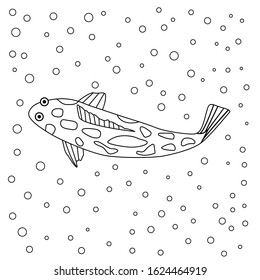 Fish. Children's coloring book. Air bubbles under water. Art lineFor the design used typography, coloring, tattoos, wallpaper on the wall of the children's room. EPS 10 vector.