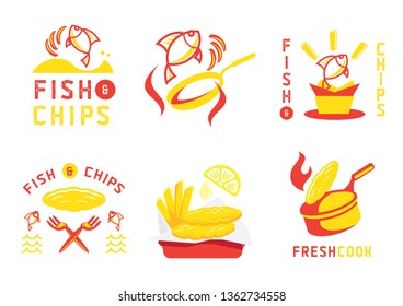 fish and chip badge design and vector illustration with jumping fish and hot cooking with flame