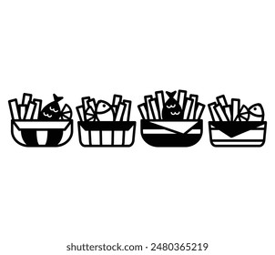 Fish and Chip in der Schüssel Essen Snack Essen Symbol Symbol Vektorgrafik Design Schwarz Weiß Farbe Illustration Kollektionen Set