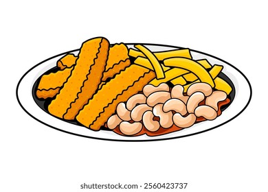 Fish and chips with beans illustration, classic British meal in cartoon style