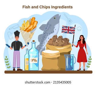 Fish and chips. British deep-fried fish and chips fast food. Sea food and potatoes for snack. England takeaway food. Flat vector illustration