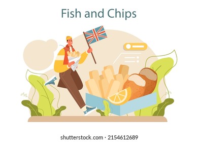 Pescado y patatas fritas. Pescado frito británico y papas fritas de comida rápida. Comida marina y papas para picar. Comida de Inglaterra. Ilustración vectorial plana