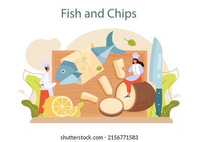 Fish and chips. British deep-fried fish and chips fast food. Sea food and potatoes for snack. England takeaway food. Flat vector illustration