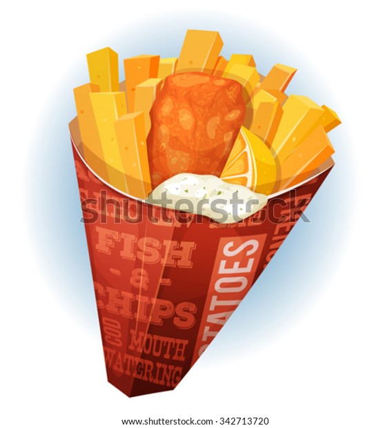 Fish And
Chips Cornet/
Illustration of a cartoon appetizing british fish
and chips meal, with fried fish and potatoes inside red cornet, for
snack restaurant and takeaway
food