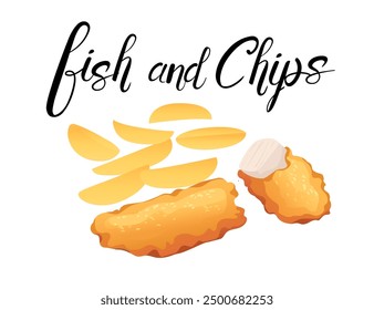 Pescado y patatas fritas. Pescado crujiente rebozado y papas fritas con una elegante etiqueta escrita a mano perfecta para menús de mariscos y guías culinarias. Ilustración vectorial aislada sobre fondo blanco.