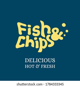 Emblema de pescado y patatas fritas, logotipo del restaurante de marisco, delicioso concepto de cocina caliente y fresca, símbolo de letras tipográficas, plantilla vectorial