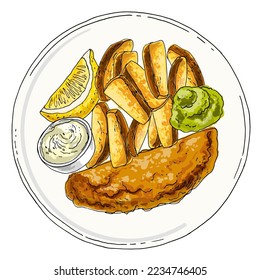 Fish and chips, English food. Fried fish, potatoes, peas. Vector color sketch of food