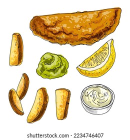 Fish and chips, English food. Fried fish, potatoes, peas. Vector color sketch of food