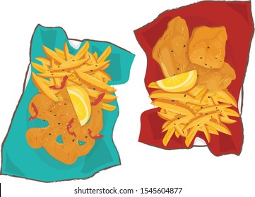 Fish and chips , French fried, Shrimp and chips take away. Illustration art 