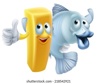 Fish and chips friends cartoon concept of a chip or French fry character and fish character arm in arm