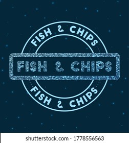 Pescado y patatas fritas. Banda redonda brillante. Sello de pez geométrico y chips estilo red en el espacio. Ilustración vectorial.