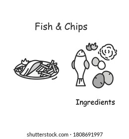 Fish and chips icon. Traditional English deep fried street food recipe with ingredients linear pictogram. Concept of east cooking and European recipes cookbook illustration. Editable stroke vector