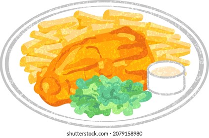 Fish and chips illustration drawn in hand drawn style.