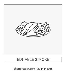  Fish and chips line icon. Deep fried potato with fish served on a plate. Street food. Recipe with ingredients for cafe.National dishes concept. Isolated vector illustration. Editable stroke