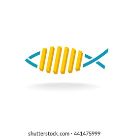 Fish and chips logo. Fast food symbol with linear fish silhouette and french fry potato meal.