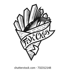 Fish and chips logo or icon with lettering. Traditional british fast food in paper cornet. Black and white isolated vector illustration for menu in restaurant, bar, cafe.