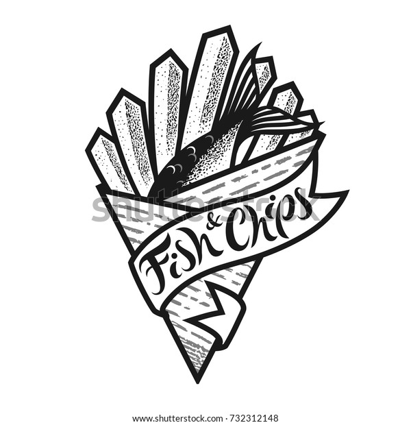 Fish and chips logo or\
icon with lettering. Traditional british fast food in paper cornet.\
Black and white isolated vector illustration for menu in\
restaurant, bar, cafe.