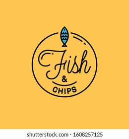 Fish and chips logo. Round linear logo of fish on yellow background