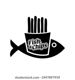 Fish and chips logo vector illustration template black and white. Lettering