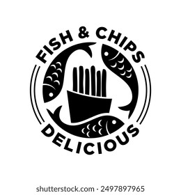 Fish and chips logo vector illustration template black and white. Lettering