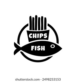 Logotipo de pescado y papas fritas Plantilla de Ilustración vectorial en blanco y negro. Letras