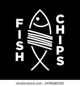 Logotipo de pescado y papas fritas Plantilla de Ilustración vectorial en blanco y negro. Letras