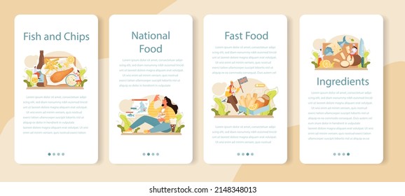 Fish and chips mobile application banner set. British deep-fried fish and chips fast food. Sea food and potatoes for snack. England takeaway food. Flat vector illustration