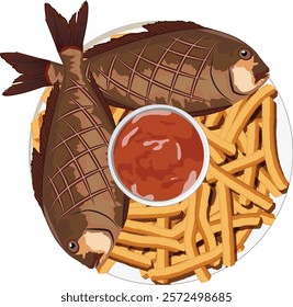 Fish and Chips on a plate, British Traditional Fish and chips with sauce.