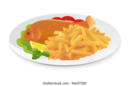 Fish and Chips on a plate. Popular take-away food in the United Kingdom. Vector illustration on white background