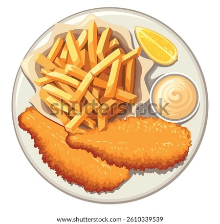 Fish and Chips on a plate served with tartar sauce and lemon. Traditional British dish. Vector illustration in eps 10. Suitable for menu, restaurant, recipe and cookbook