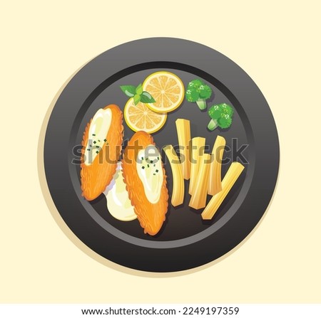 fish and chips on plate vector illustration