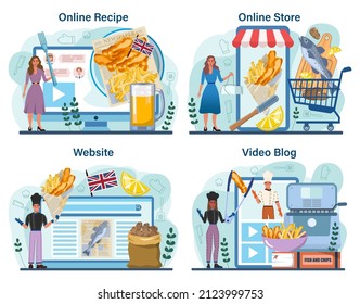 Servicio online de pescado y chips o juego de plataformas. Pescado frito británico y papas fritas de comida rápida. Comida de Inglaterra. Receta en línea, tienda, video blog, sitio web. Ilustración vectorial plana