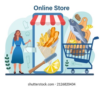 Fish and chips online service or platform. British deep-fried fish and chips fast food. England takeaway food. Online store. Flat vector illustration