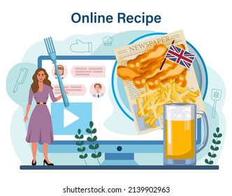 Fish and chips online service or platform. British deep-fried fish and chips fast food. England takeaway food. Online recipe. Flat vector illustration