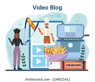 Fish and chips online service or platform. British deep-fried fish and chips fast food. England takeaway food. Video blog. Flat vector illustration