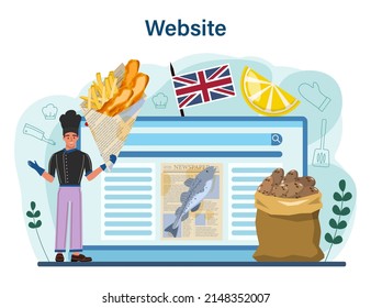Fish and chips online service or platform. British deep-fried fish and chips fast food. England takeaway food. Website. Flat vector illustration