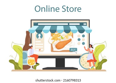 Fish and chips online service or platform. British deep-fried fish and chips fast food. Sea food and potatoes for snack. Online store. Flat vector illustration