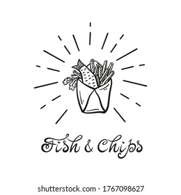 Fish and Chips in Paper Cornet. Traditional British Fast Food. Hand Drawn Doodle Sketch Fried Cod Fish and Potato Fries. Seafood and Vegetables. Street Food Menu or Label Design. Vector illustration