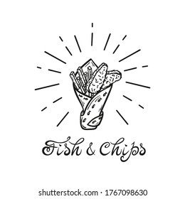 Fish and Chips in Paper Cornet. Traditional British Fast Food. Hand Drawn Doodle Sketch Fried Cod Fish and Potato Fries. Seafood and Vegetables. Street Food Menu or Label Design. Vector illustration