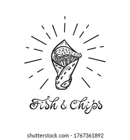Fische und Chips in Papier Cornet. Traditionelles britisches Fast Food. Handgezeichnete Doodle Sketch Frittenfisch und Kartoffelfritten. Meeresfrüchte und Gemüse. Street Food Menu oder Label Design. Vektorgrafik