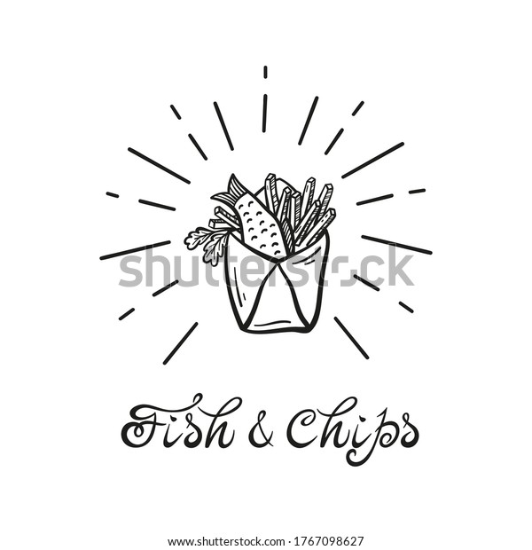 Fish and Chips in Paper Cornet. Traditional\
British Fast Food. Hand Drawn Doodle Sketch Fried Cod Fish and\
Potato Fries. Seafood and Vegetables. Street Food Menu or Label\
Design. Vector\
illustration