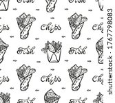 Fish and Chips in Paper Cornet Vector Seamless Pattern. Fast Food Background. Seafood and Vegetables. Hand Drawn Doodle Sketch Fried Fish Filet and Potato Fries. Street Food Packaging