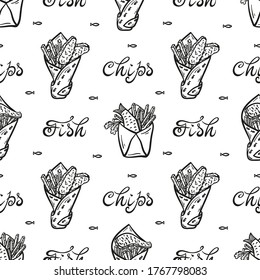 Fish and Chips in Paper Cornet Vector Seamless Pattern. Fast Food Background. Seafood and Vegetables. Hand Drawn Doodle Sketch Fried Fish Filet and Potato Fries. Street Food Packaging