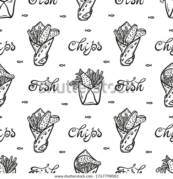 Fish\
and Chips in Paper Cornet Vector Seamless Pattern. Fast Food\
Background. Seafood and Vegetables. Hand Drawn Doodle Sketch Fried\
Fish Filet and Potato Fries. Street Food\
Packaging