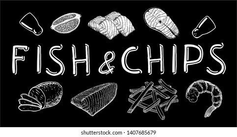 Fish And Chips Poster. Illustration of fish and chips, for fast food snack and takeaway menu. Chalk drawing on black chalkboard. Famous british fast-food.